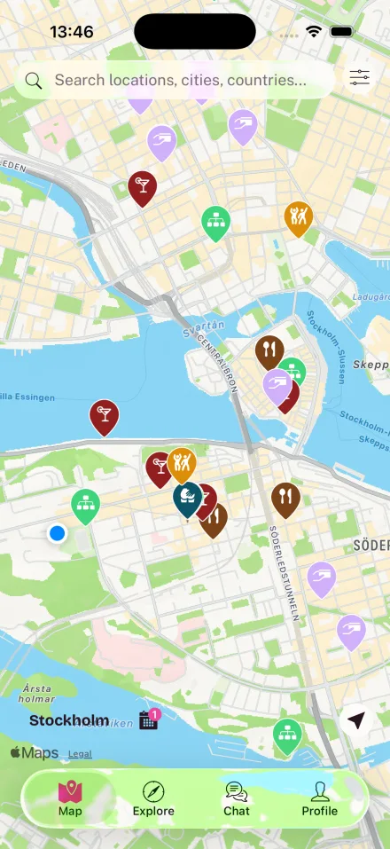 The GayTravelr app, showing bars, saunas and cruising spots pinned across central Stockholm.